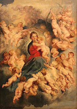 «La Vierge à l'Enfant entourée des saints Innocents», huile sur bois  (Hauteur. 138 cm ; largeur. 100 cm) de Pierre Paul Rubens. – Œuvre executée vers 1618, appartenant au musée du Louvre (Paris). - Ref. Nº  INV 1763, photographiée lors de l’exposition temporaire « Rubens et son Temps » au musée du Louvre-Lens.