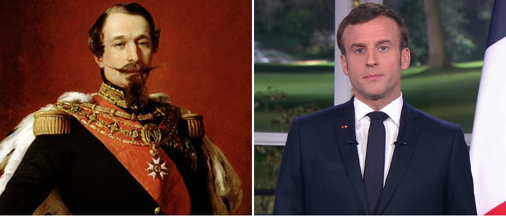 Napoleon III in uniform in an 1850 portrait, and Macron in his 2019 New Year's Eve televised message.